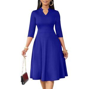 Women Royal Blue 3/4 Sleeve Semi Formal Fit and Flare A-line  Dress with Pockets